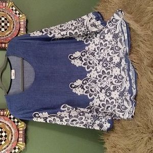 Denim and Lace Top, 3/4 Sleeve, Size 14